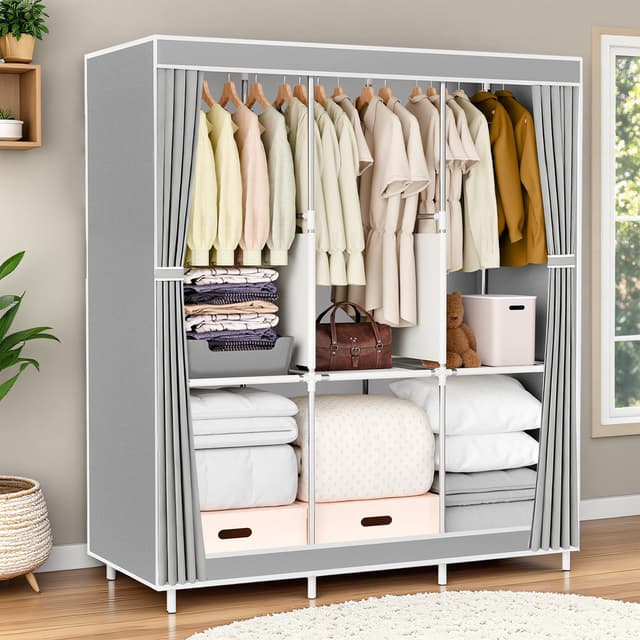 BAOKALER Wardrobe Clothes Storage Rack 6 Wardrobe Closet Organizer Shelf Garment Cabinet, Tool Free Assembly, Gray