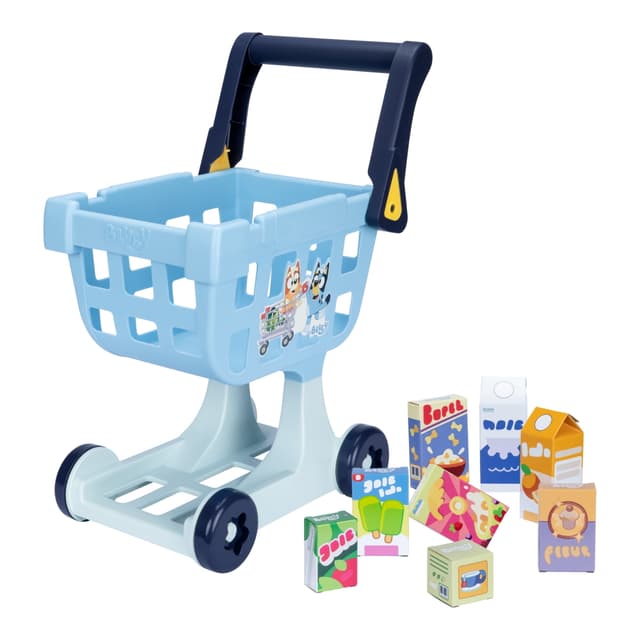 Bluey Shopping Trolley, Ideal Size For Toddlers, Stands at 19.3 In Tall, 8 Colorful Cardboard Shopping Goods Included, Ages 3+