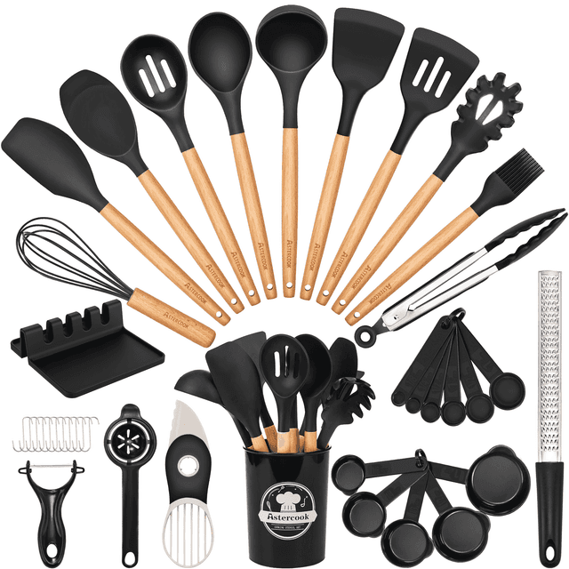 Astercook Silicone Cooking Utensils Set, 38 PCS Kitchen Utensils Set for 446F Heat Resistant, Food Grade Utensil Sets with Wooden Handle, Kitchen Gadgets for Nonstick Cookware BPA Free (Black)