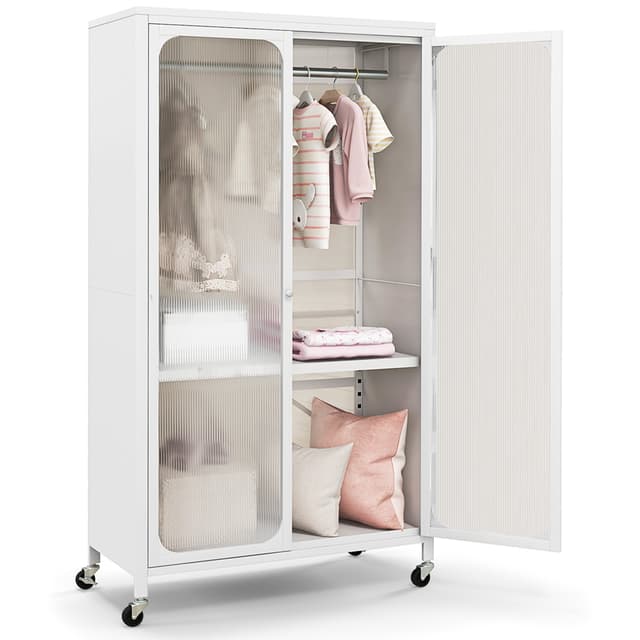 Costway Storage Wardrobe Cabinet Mobile Armoire Closet with Hanging Rod & Adjustable Shelf