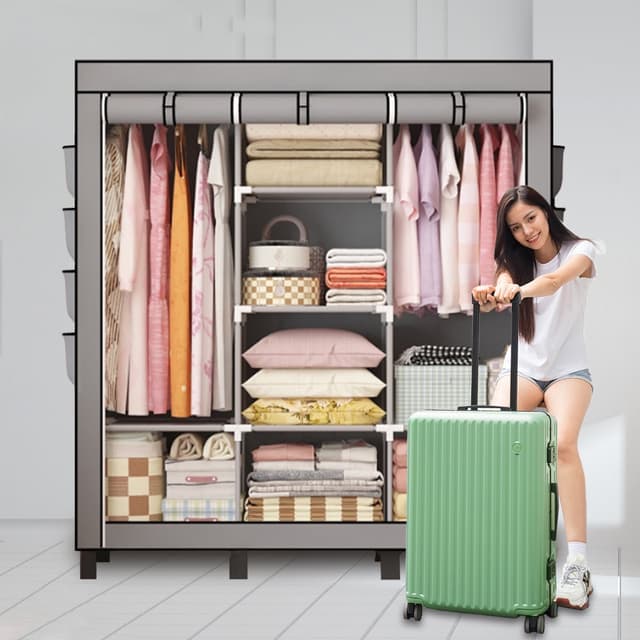 Heavy Portable Closet, 68"x51"x18" Wardrobe Closet with 2 Hanging Rods, 8 Clothes Storage Organizer Shelves, Easy to Assemble, Dustproof Non-woven Fabric Closet for BedroomE-Greetshopping