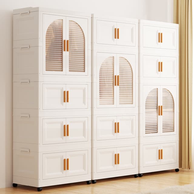 Fitfort Folding Wardrobe Storage Cabinet, 25.6 x 14.6 x 51.2 in, Plastic with Magnetic Door and Wheels, Includes 1 Wardrobe Level, 2 Folding Boxes,10 Hangers and 4 Hooks