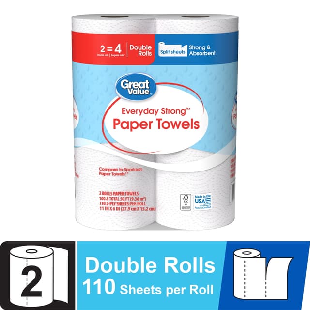 Great Value Everyday Strong Paper Towels, Split Sheets, 2 Double Rolls, Compare to Sparkle