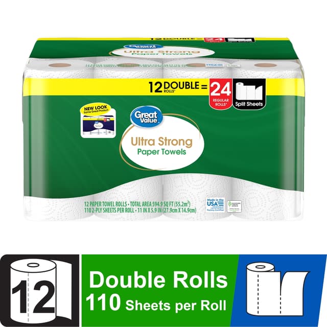 Great Value Ultra Strong Paper Towels, White, 12 Double Rolls