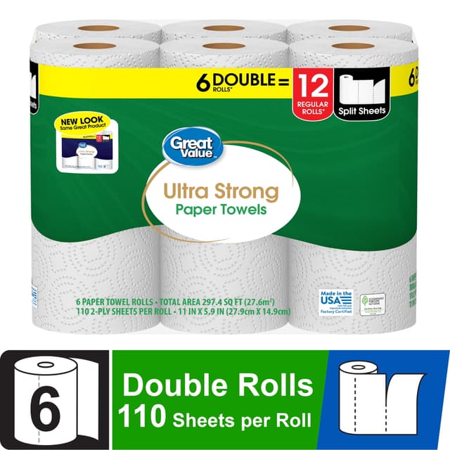 Great Value Ultra Strong Paper Towels, 6 Double Rolls