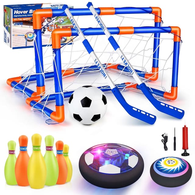 Hot Bee Hover Soccer Ball Set, 3-in-1 LED Soccer Hockey Bowling Set Indoor/Outdoor Toys, Gifts for 3 4 5 6 7 8+ Years Boy Girl
