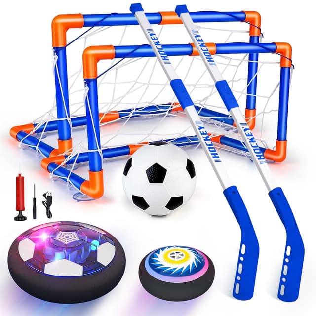 Hot Bee Hover Soccer Hockey Ball Set, 2 in 1 LED Rechargeable Soccer with 2 Goals Indoor/Outdoor Games Toys for Kids Boys Girls Ages 3+