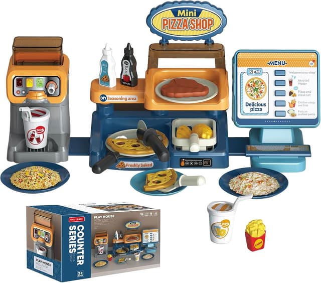 Kids Pretend Play Store Pizza Playset, 35 Pcs Pizza Counter Playset with Cash Register Toys, Pizza Shop Toy Cash Register Playset