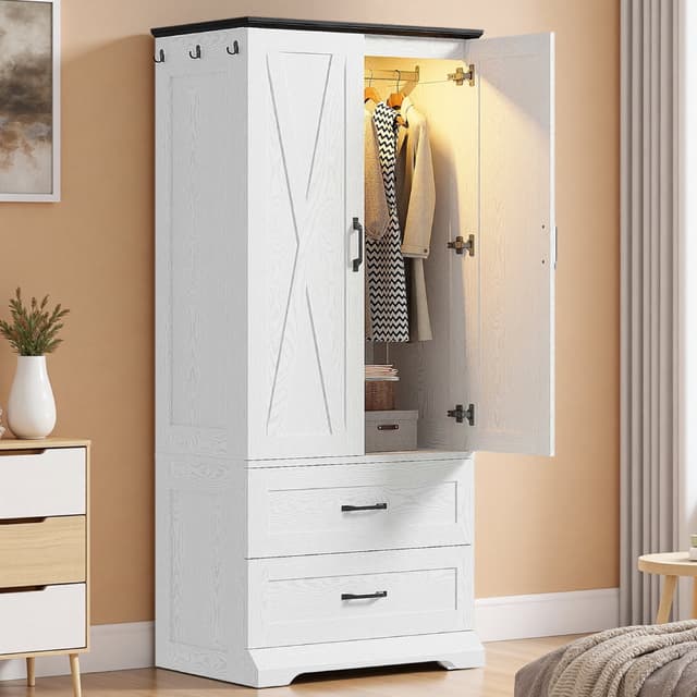LIKIMIO 70.9"H Wardrobe Closet with Sensor Light and 2 Drawers, Wooden Bedroom Armoire Cabinet with 2-Door and Hanging Rod