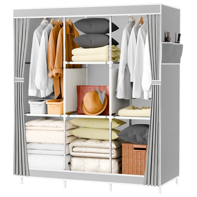 Wardrobe Closet Storage with 3 Hanging Rods, Portable Closet Organizers and Storage, Clothes Rack Shelf Garment Cabinet, Tool Free Assembly, Gray