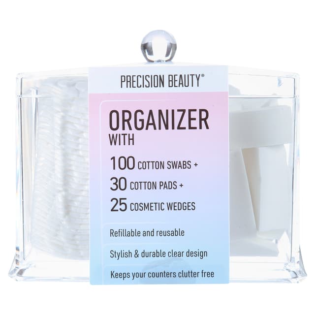 Precision Beauty 3-Sectional Organizer with 100 Cotton Swabs, 30 Cotton Pads, and 25 Cosmetic Wedges
