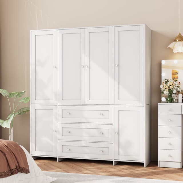 Richya Wardrobe Bedroom Tall Armoire Closet Organizer with 3 Big Drawers Large 4 Doors Mirror Hanging Rails and Shelves Clothes Storage Cabinet for Bedroom Laundry Room particle b