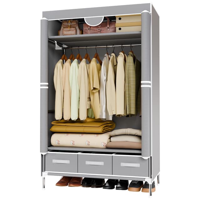 Simple & Portable Non-Woven Fabric Wardrobe with Hanging Space for Coats and Bags, Sturdy & Easy to Assemble, Includes 3 Storage Drawers, Ideal for Rentals, Dorms, Bedrooms, Gray