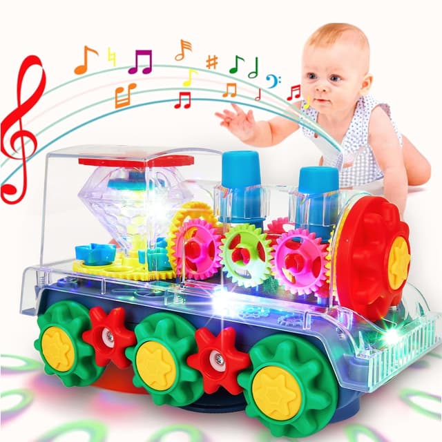 Gemeer Electric Transparent Gear Train Toy, Light Up Transparent Sensory Car Toy with Flashing Lights, Music and 360 Rotation, Educational Crawling Toys for Toddler Boys Girls Ages 2-6