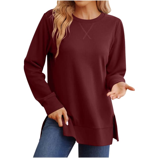 safuny Sweatshirt for women Side Split Hem Fall Fashion Pullover Crewneck Long Sleeve Pullover Casual Loose Tops Wine XL
